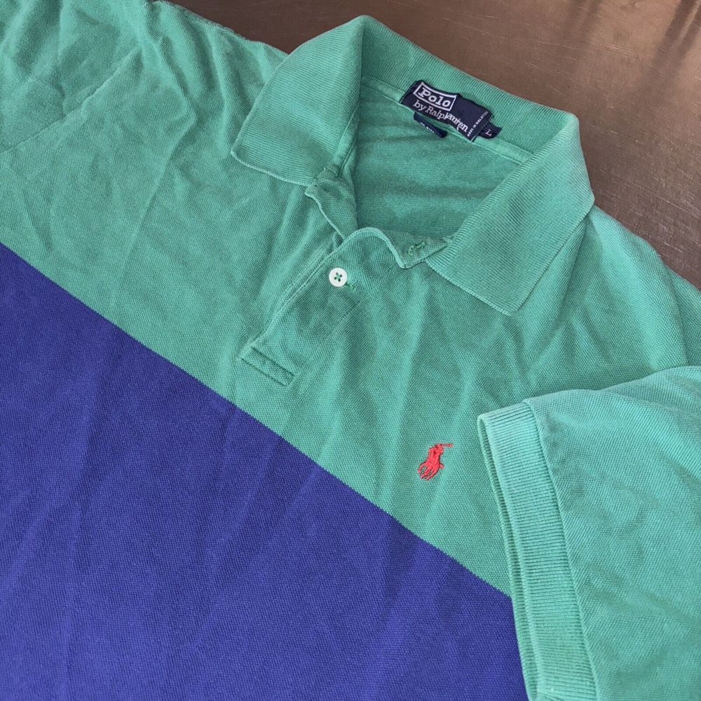 Vintage Polo Ralph Lauren Green Blue Colorblock Polo Mens Large Red Pony Y2K